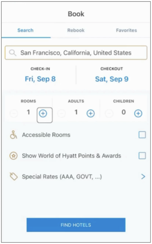 Hyatt booking app input fields